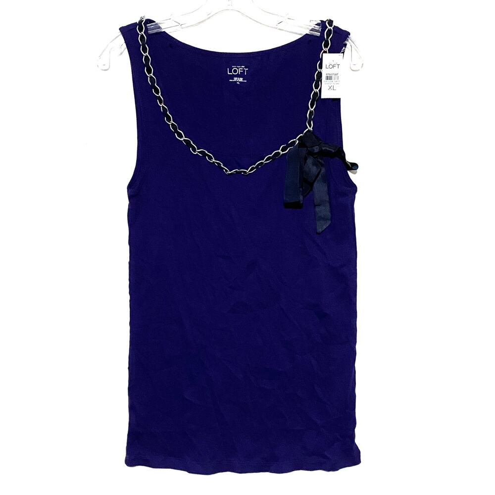 Ann Taylor Loft Purple Ribbed Cotton Tank Top Chain Lace Accent Bow Women XL NWT